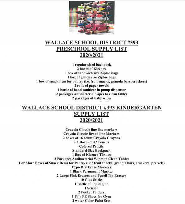 Wallace School District 393 2020/2021 registration information and